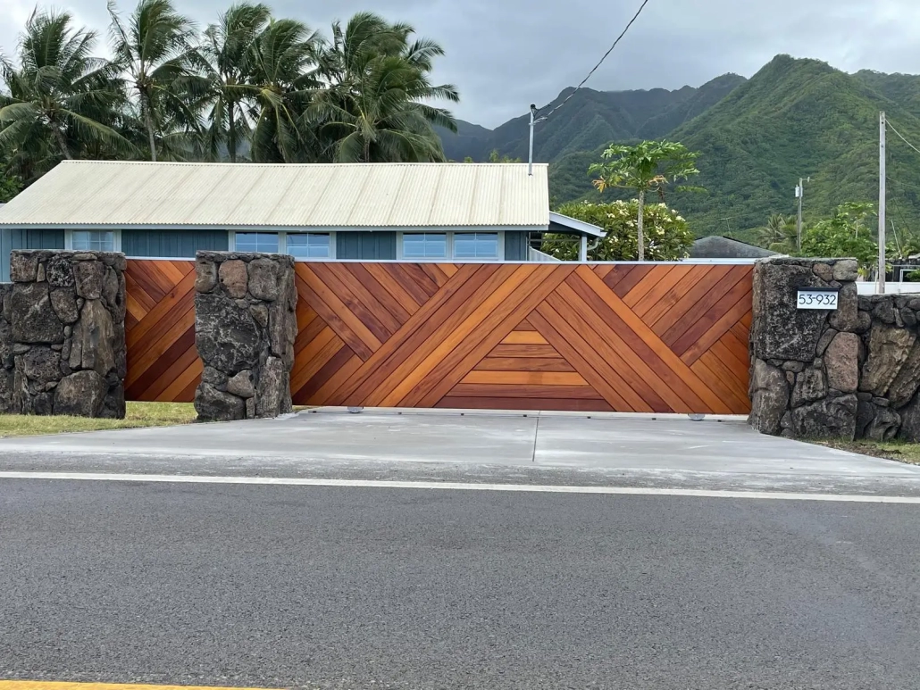 Sliding gate in Hawaii. Gate installation contractor Widner Builders specializes in gates with curb appeal.